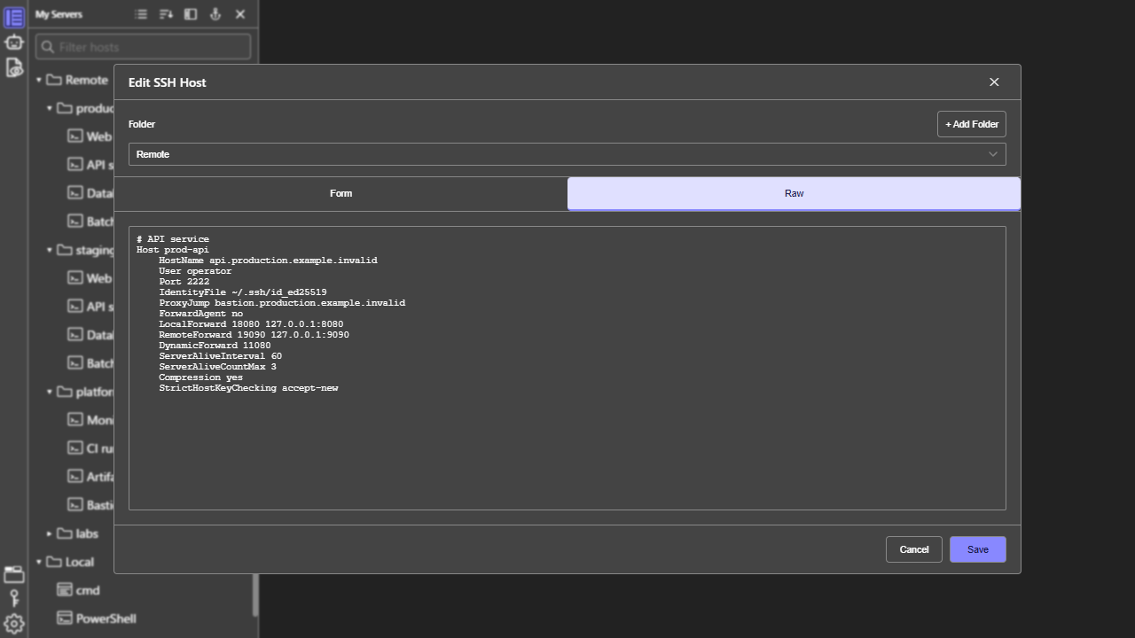 LuRa Term SSH Host raw configuration